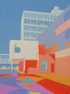 an abstract painting with buildings and blue sky in the background