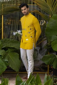 Shop for Runit Gupta Yellow Cotton Kurta Pant Set for Men Online at Aza Fashions Runit Gupta, Indian Wedding Suits Men, Indian Wedding Clothes For Men, Haldi Ceremony Outfit, Elephant Embroidery, Haldi Dress, Mens Indian Wear, Wedding Kurta For Men, Groom Dress Men