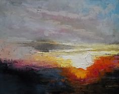 an abstract painting of the sun setting over water