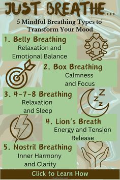 Transform any mood with the power of breath! Our latest infographic highlights 5 Mindful Breathing Techniques designed to bring you calm, focus, and clarity in moments of stress or chaos. Dive deeper into each technique and discover the science behind mindful breathing by reading our detailed blog post. Elevate your daily routine and embark on a journey to inner peace. 🌿✨ #MindfulBreathing #StressRelief #InnerPeace #MindfulnessMatters #BreathingTechniques #MoodBooster #bepresent Chose Happiness, Breathwork Techniques, Manifesting Peace, Color Breathing, Mindful Habits, Yoga Breathing Exercises, Somatic Therapy