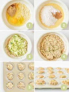 the steps to making cupcakes in muffin tins are shown with eggs and other ingredients