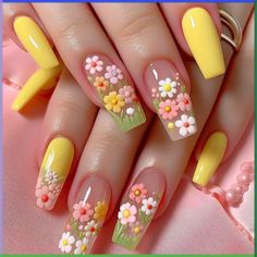 Cute Finger Nails, Nails Design Summer 2024, Trendy Nails Yellow, Photo Nail Art, Flower Nail Art Designs, Summer Nailart, Yellow Nail Designs, Pink Nail Art Designs