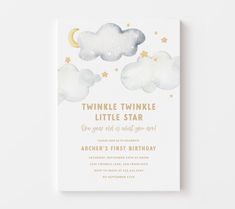 a card with the words twinkle twinkle little star on it and clouds in the sky