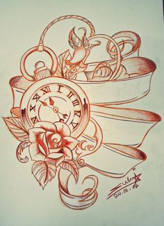 a drawing of a clock with roses and ribbons around it's edges, on paper