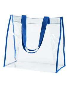 a clear tote bag with blue handles on the side and an inner guse