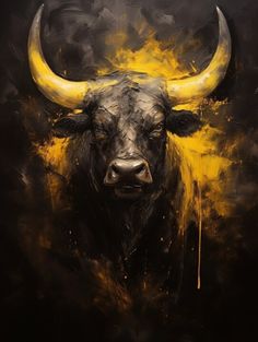 a painting of a bull with yellow horns on it's head and black background