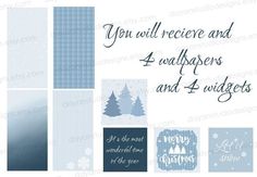 christmas cards with snowflakes and trees in blue, white and gray colors on them