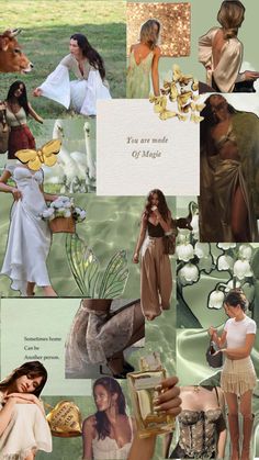 the collage shows many different images of women in dresses and accessories, including flowers