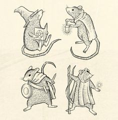 four drawings of mice in various poses, one holding a coffee cup and the other carrying a teapot