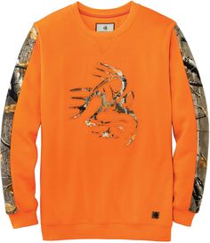 The perfect hunting sweatshirt has arrived! This crew neck pullover features a stylish "v" patch collar, Big Game Camo accented sleeves and Signature Buck. Completed with Legendary Whitetails embroidered branding on back yoke, and debossed Signature Buck logo faux leather patch on front. Bucks Logo, Hunting Hoodies, Hunting Clothes, Hoodies Mens, Fishing Outfits, Hooded Shirt, Mens Hooded, Mens Swim Trunks, Fleece Sweatshirt