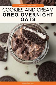 cookies and cream oreo overnight oats in a jar with chocolate chips on the side