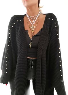 Pebby Forevee | Studded Cardigan Sweater Outfit: side slit cardigan, side slit sweater, edgy style, edgy sweater, all black outfit, leather pants outfit, cross necklace, longline necklace, necklace layering, layered necklaces, faux corset tank top Black Outfit Leather Pants, Cardigan Sweater Outfit, Edgy Sweater, Sweater Cardigan Outfit, Leather Pants Outfit, Sweater Outfit