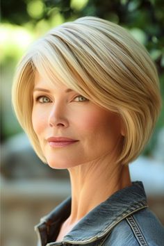 Rounded Bob with Feathered Layers and Bangs Hairstyle on a smiling woman in her 50s with short blonde hair.