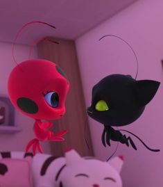 two cartoon cats are standing next to each other in a room with pink walls and purple carpet