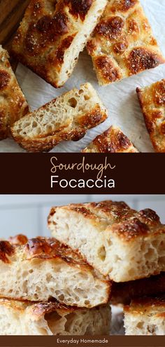 several different types of breads stacked on top of each other with the words sourdough focaccia above them