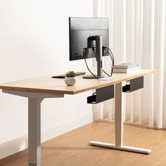 a computer monitor sitting on top of a wooden desk