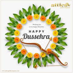 happy dussekra with flowers and an arrow