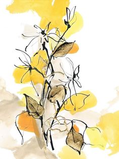 a painting of yellow and white flowers on a white background with watercolors in the foreground