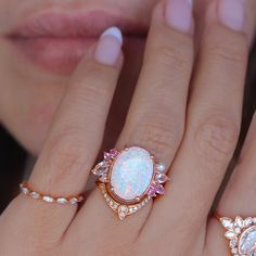 OOAK White Opal, Pink Gemstones and pearls Engagement Ring ♥ | sillyshinydiamonds Pearl Diamond Engagement Ring, Pink Wedding Ring, Goddess Crystals, Jewellery Wishlist, Morganite Ring Set, Simple Diamond Ring, Shopping Addict, Pink Wedding Rings, Pink Opal Ring