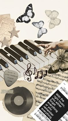 an artistic collage with musical instruments, butterflies and music notes on the table top