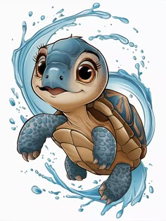 a cartoon turtle swimming in the ocean with water splashing on it's back