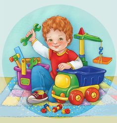 a painting of a little boy playing with toys