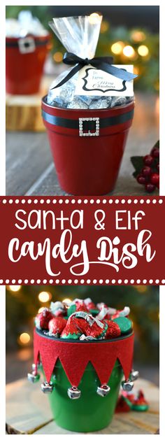 santa and elf candy dish with text overlay