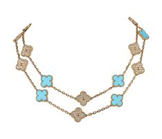 Guaranteed authentic limited edition rare and highly collectible Van Cleef & Arpels Vintage Alhambra diamond and turquoise 20 Motif necklace. Absolutely fabulous and extremely rare!Set in 18K Yellow Gold. Necklace can be worn as a single strand or doubled. Signature stamps on necklace. Comes with authenticity papers and signature gift box and outer box. NEW or NEVER WORNfinal sale NECKLACE MEASURES: LENGTH 31.75" MOTIF .59" X .59" CONDITION: NEW or NEVER WORN PLEASE NOTE: Payment requires ba Jewelry Pearls, Van Cleef And Arpels Jewelry, Signature Stamp, Four Leaf Clover Necklace, Minimal Accessories, Van Cleef And Arpels, Necklace Patterns, Yellow Gold Necklace, Vintage Vans