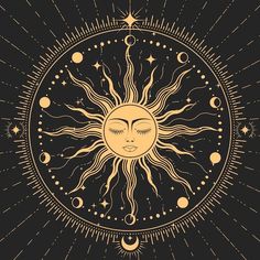 the sun with its face surrounded by stars and moon phases on a black background illustration