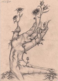 a pencil drawing of a tree with flowers growing out of it's trunk and branches