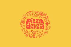 the word pizza deizia surrounded by different types of food and vegetables on a yellow background