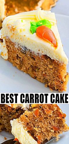 a piece of carrot cake on a white plate with the words, best carrot cake