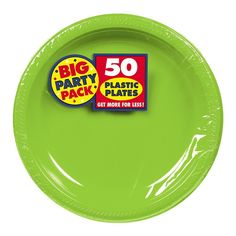 a green plastic plate with the words big party pack on it