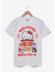 Sanrio Hello Kitty Kawaii Mart Welcome T-Shirt - BoxLunch Exclusive | BoxLunch Welcome Lettering, Kitty Clothes, Hello Kitty Clothes, Anime Tees, Welcome Letters, Puff Print, Anime Shirt, Top Graphic Tees, Shopping Basket