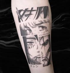 a man's leg with an anime character tattoo on it, and his eyes are open