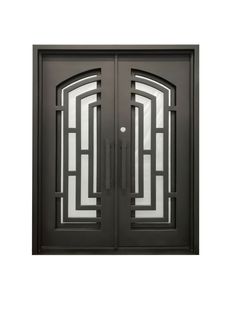 an iron door with glass panels on the front and side doors are shown in black