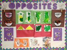 a bulletin board with paper cut outs and pictures on it that say opposites, opposites