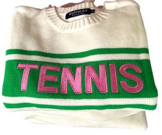 TENNIS Sweater- White, Green, Pink - Runway Athletics Introspection Quotes, Scallop Skirt, Tennis Sweater, Tennis Bag, Tennis Team, Tennis Gifts, Golf Sweaters, Tennis Fashion, Cute Hoodie