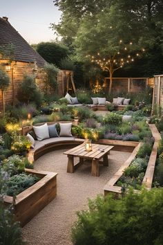 an outdoor seating area with benches and lights in the distance, surrounded by plants and trees