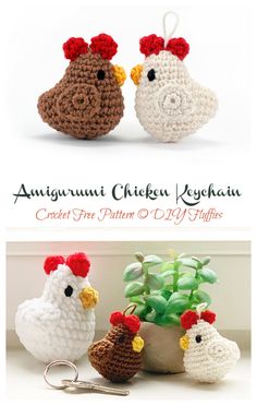 three crocheted chickens sitting next to each other with the words diy puffies free crochet pattern and video