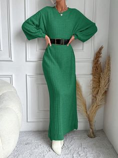 Women's Solid Round Neck Drop Shoulder Loose Elegant Sweater Dress, Autumn/Winter Green Casual  Long Sleeve Knitwear Plain  Medium Stretch  Women Clothing, size features are:Bust: ,Length: ,Sleeve Length: Fur Costume, Winter Green, Elegant Sweater, Dress Autumn, Sweatpants Set, Business Formal, Women Legs, Inspiration Mode, Print Pullover