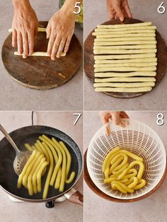 four pictures showing how to make pasta in a frying pan and then cut the noodles