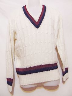 DESCRIPTION:    Orlon by CAMPUS Vintage 50's/60's Cable Knit V-Neck Sweater * V-Neck Front * True Vintage * Made in USA * Cable Knit Colors: White with Navy and Burgundy Material: Acrylic Orlon         PLEASE CHECK YOUR MEASUREMENTS Measurements: all measurements are approx. Size- Campus Vintage Mens Small 36-38 on Tag Chest-pit to pit Laying Flat Please Double-22" Sleeve-armpit to end of sleeve-17" folded Sleeve-Shoulder seam to end of cuff-23.5" folded LENGTH-top of collar to bottom of sweater Retro Knitted V-neck Tops, Retro Fitted Cotton Sweater, Fitted Retro Cotton Sweater, Fitted Cotton Retro Sweater, Vintage V-neck Knitted Tops, White Retro Knitted Sweater, Vintage Cotton V-neck Sweater, Vintage White Knitted Tops, White Vintage Knitted Top