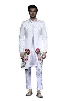 Ivory long sherwani with placement floral, quatrefoil hand embroidery. Paired with an inner kurta and pant. - Aza Fashions Full Sleeve, Stand Collar, Floral Embroidery, Aza Fashion, Pants Set, Hand Embroidery, Satin, Embroidery, Pants