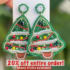 "Last minute shopping? Its still not too late! We will upgrade your shipping to PRIORITY for free if you purchase 5 or more earrings! (individually in their gift pouch!) 🎇Don't Miss Our Holiday 20% Discount! Take advantage of this sale while it lasts! Our \"Most Wanted\" designs are now available! These designs are high in demand so they are limited in stock! *Limited in stock* DIFFERENT STYLES TO CHOOSE FROM!! 🎇DELIVERY TIMES ARE TAKING LONGER THAN USUAL AT THE POST OFFICE DUE TO THE HOILDAY Green Earrings New Year Gift, Green Earrings Gift For New Year, Green Earrings For New Year Gift, Green Handmade Holiday Earrings, Handmade Green Earrings For Holidays, Green Handmade Earrings For Holiday, Holiday Green Handmade Earrings, Green Holiday Jewelry Gift, Holiday Gift Green Jewelry