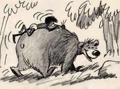 a drawing of a man riding on the back of a bear