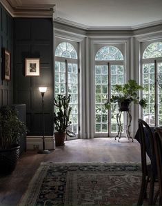 a living room filled with furniture and lots of windows next to a rug on top of a hard wood floor