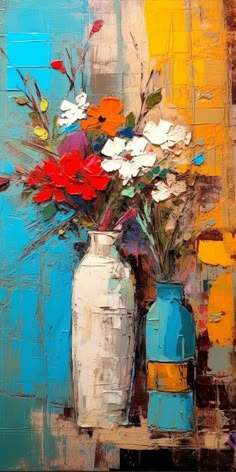 a painting of flowers in vases sitting on a table