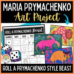 an art project with pictures of animals and dices on it, including the words roll a