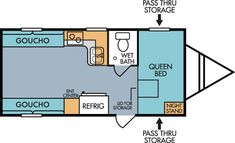 the floor plan for a travel trailer with two beds and one bathroom, including a shower